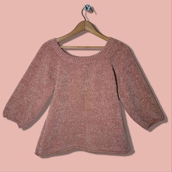 HYFVE Off The Shoulder Chenille Cropped Sleeve Cozy Blush Sweater - Picture 1 of 6
